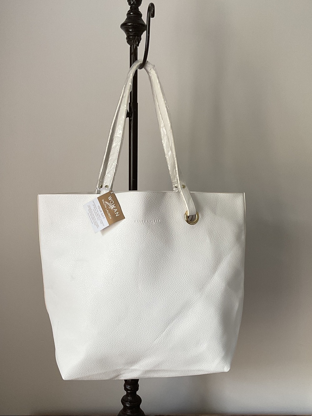 NWT Ralph Lauren Fragrances White Pebbled Faux Leather Tote Bag